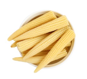 Fresh baby corn cobs on white background, top view