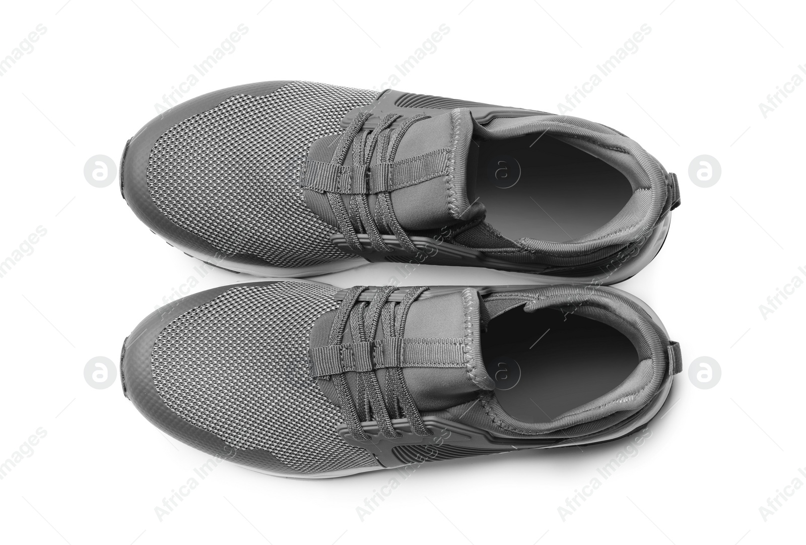 Photo of Pair of stylish shoes on white background, top view