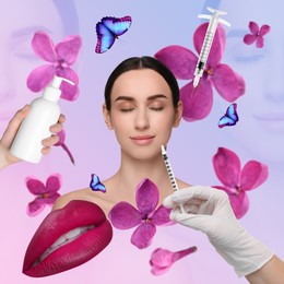 Image of Cosmetology and skincare. Creative collage with woman, beauty injections and cream on color background
