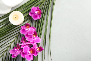 Flat lay composition with orchid flowers and spa stones on grey surface. Space for text