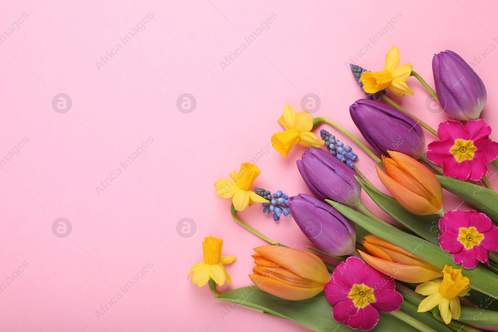Photo of Beautiful bouquet with different flowers on pink background, flat lay. Space for text