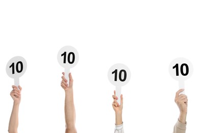 Photo of Panel of judges holding signs with highest score on white background, closeup