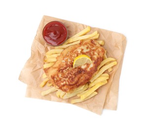 Photo of Tasty fish in soda water batter, lemon slice, potato chips and tomato sauce isolated on white, top view