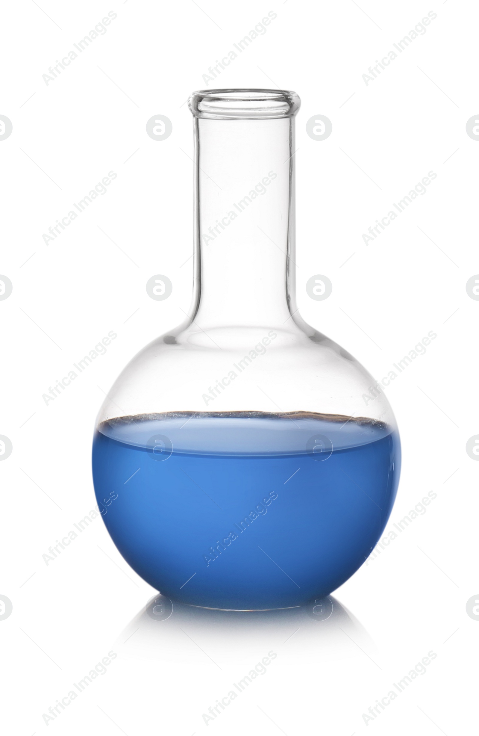 Photo of Florence flask with color liquid isolated on white. Solution chemistry