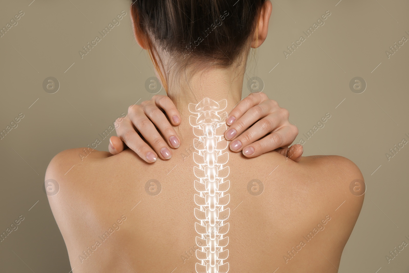 Image of Woman with healthy back on beige background, closeup. Illustration of spine