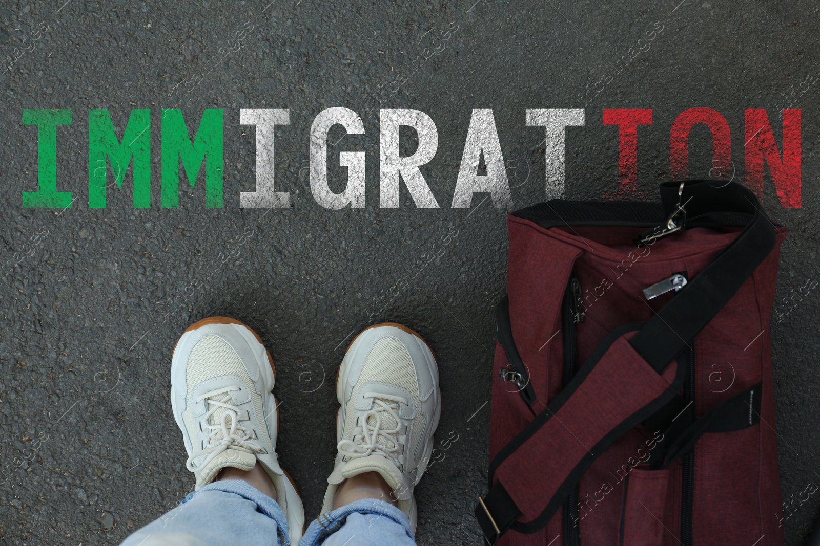 Image of Woman with bag standing on asphalt near word Immigration in colors of flag of Italy, top view