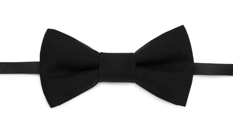 Photo of Stylish black bow tie on white background, top view