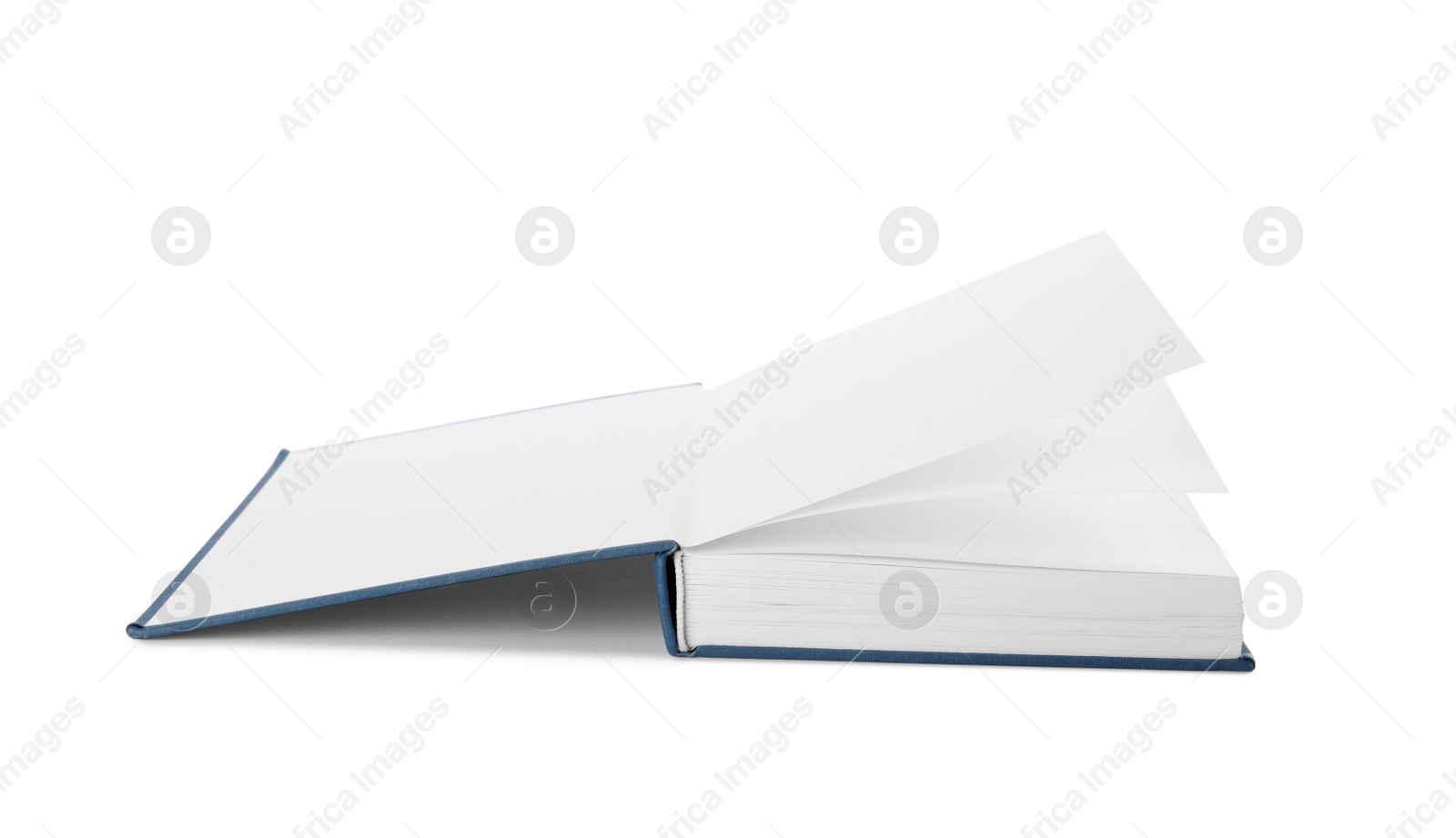 Photo of Open hardcover book with blank pages on white background