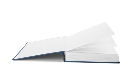 Open hardcover book with blank pages on white background