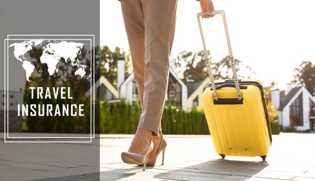Image of Young woman with yellow suitcase outdoors. Travel insurance