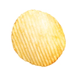 Tasty ridged potato chip on white background