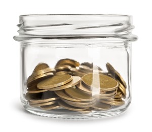 Photo of Glass jar with coins isolated on white