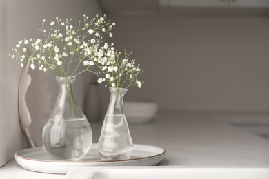 Vases with gypsophila flowers on countertop in kitchen, space for text. Interior design