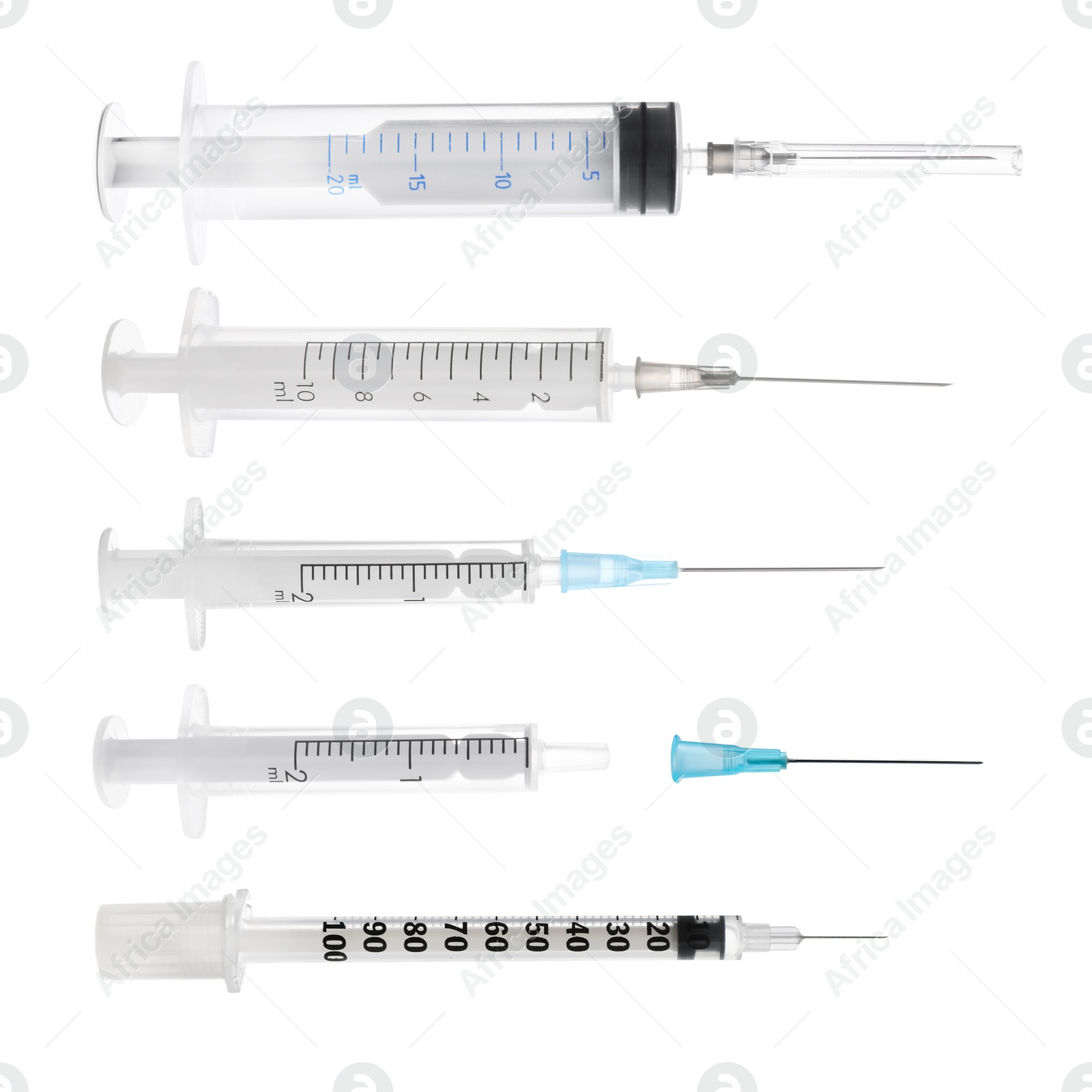 Image of Different disposable syringes on white background, collage. Medical equipment