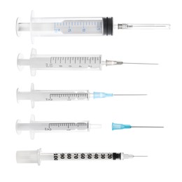 Image of Different disposable syringes on white background, collage. Medical equipment