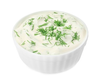 Photo of Tasty creamy dill sauce in bowl isolated on white