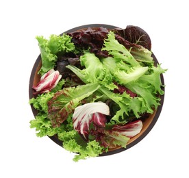 Photo of Wooden bowl with leaves of different lettuce on white background, top view