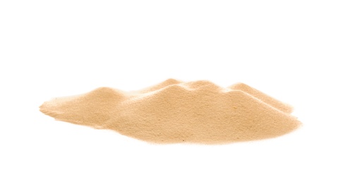 Photo of Heap of dry beach sand on white background