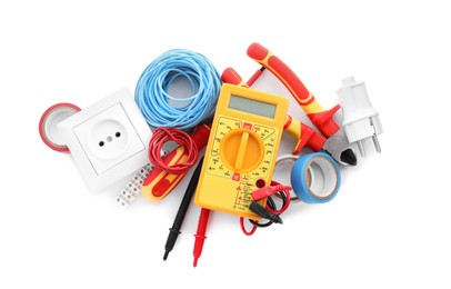 Set of electrician's tools and accessories on white background, top view