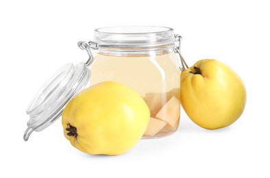 Photo of Delicious quince drink in glass jar and fresh fruits isolated on white