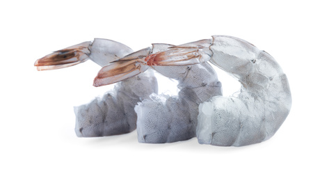 Photo of Fresh raw shrimps isolated on white. Healthy seafood