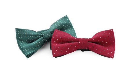 Different stylish bow ties on white background