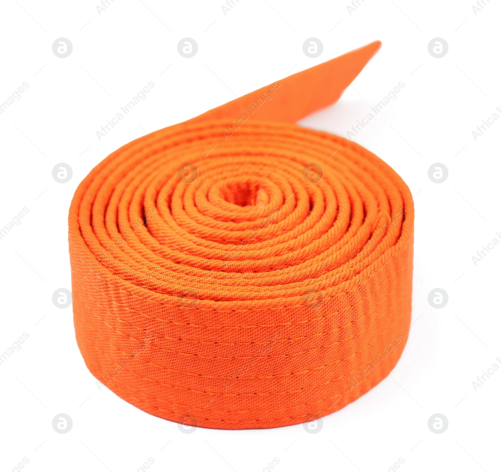 Photo of Orange karate belt isolated on white. Martial arts uniform