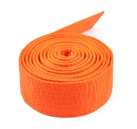 Orange karate belt isolated on white. Martial arts uniform