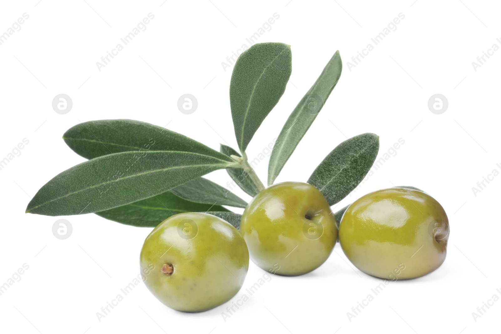 Photo of Delicious fresh green olives with leaves on white background