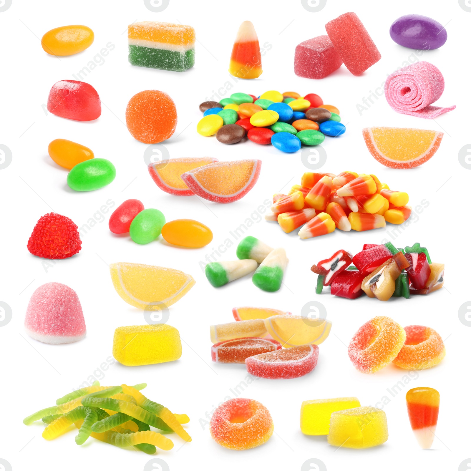 Image of Collage with different sweet candies isolated on white