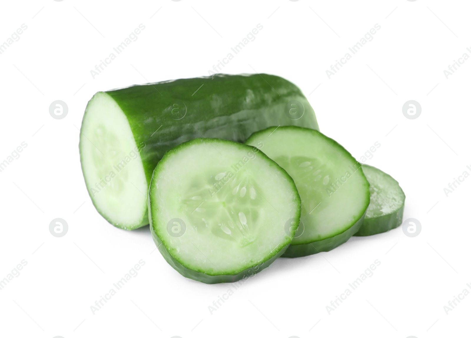 Photo of Cut fresh green cucumber isolated on white