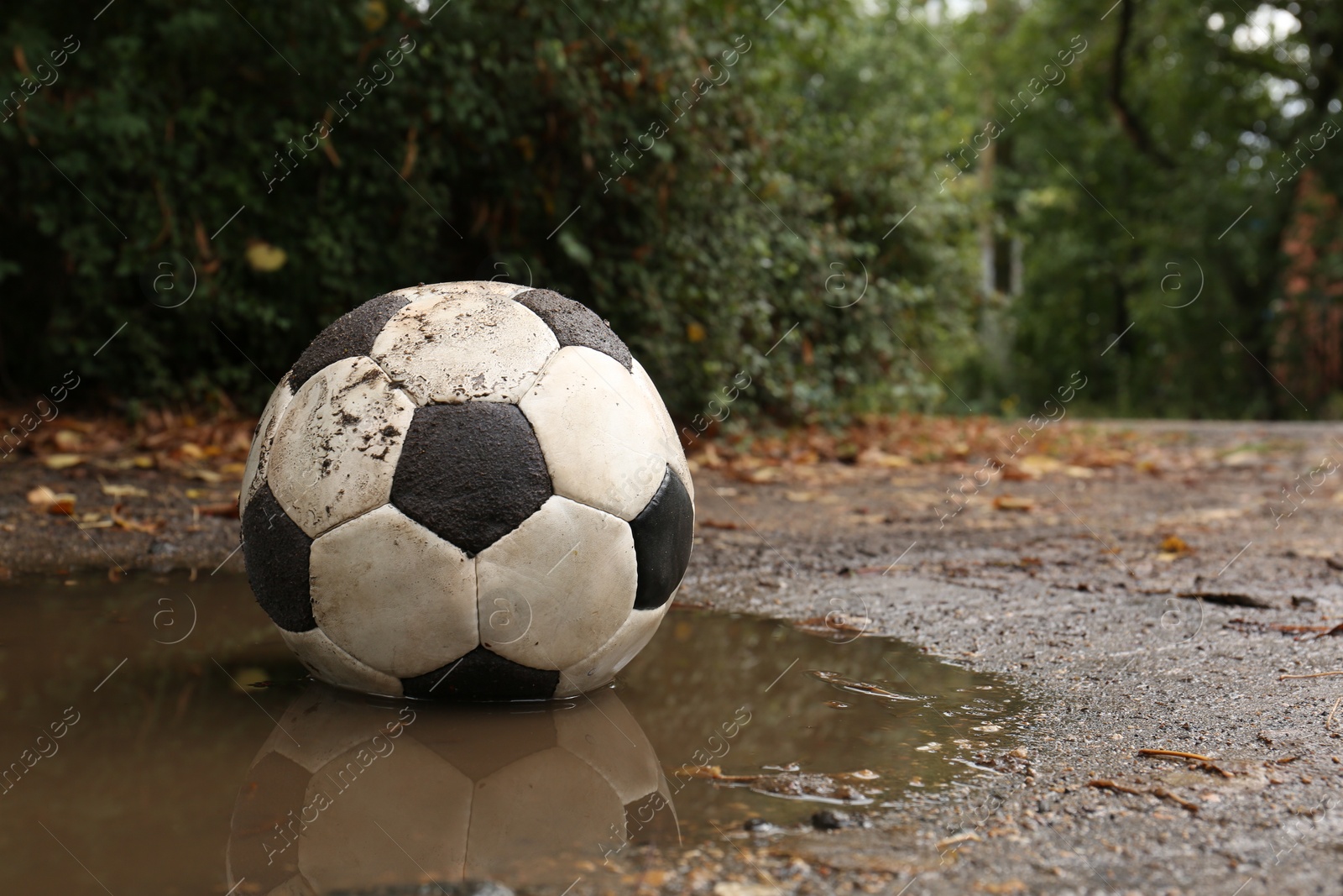 Photo of Dirty soccer ball in muddy puddle, space for text