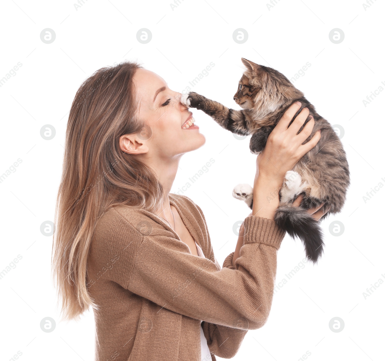 Photo of Young woman with cat on white background. Owner and pet