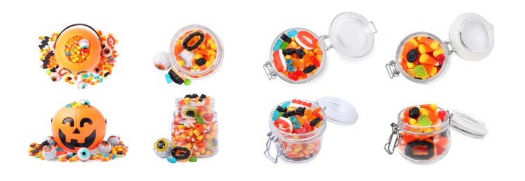 Image of Chewy candies for Halloween isolated on white. Collage with top and side views