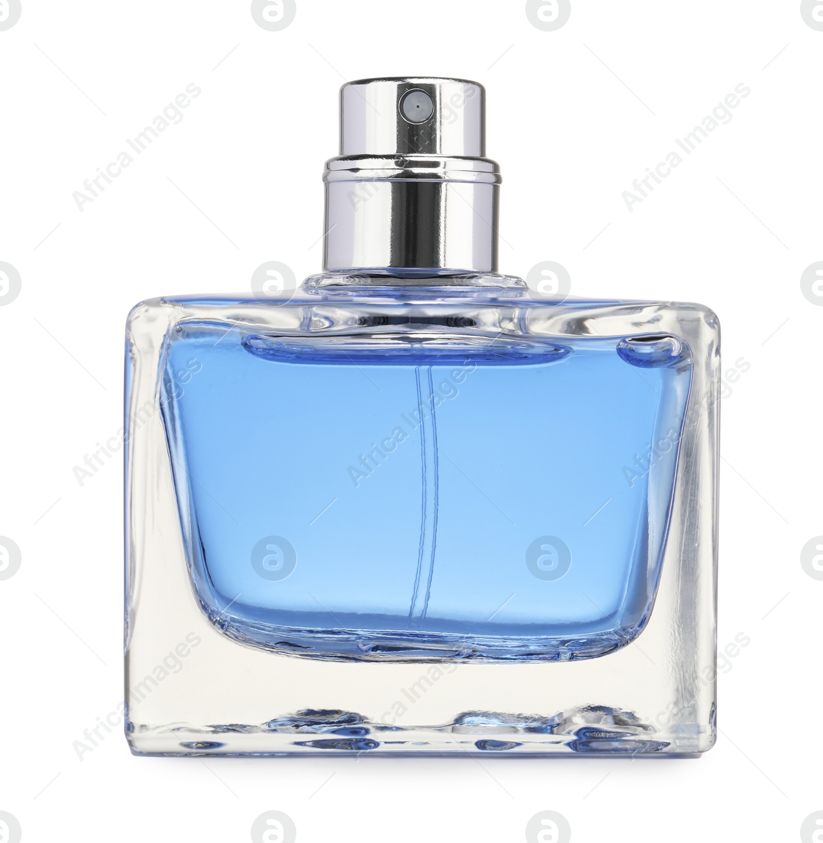 Photo of Blue men perfume in glass bottle isolated on white