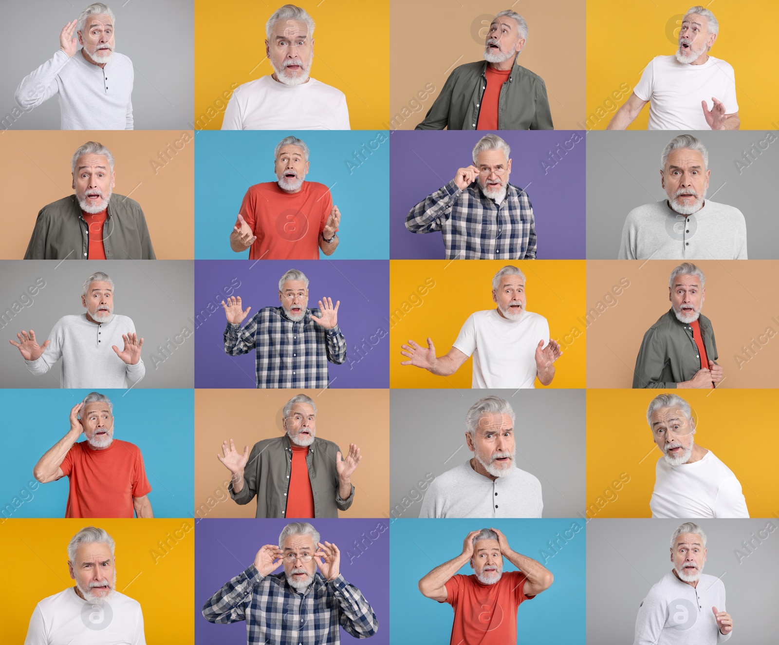 Image of Collage with photos of surprised man on different color backgrounds