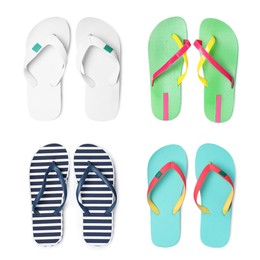 Set with different flip flops on white background, top view 