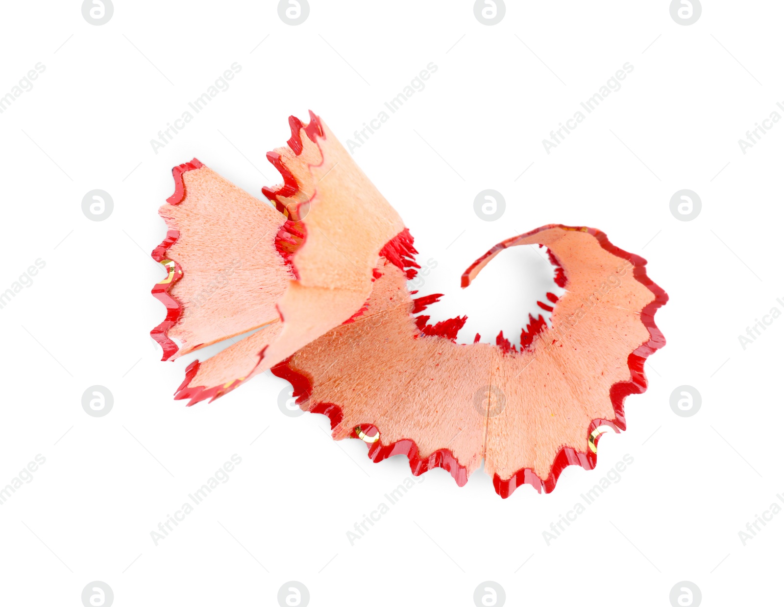 Photo of One colorful pencil shaving isolated on white, top view