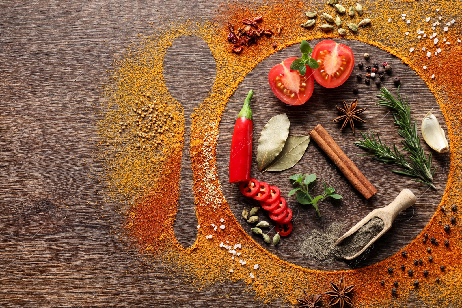 Photo of Silhouettes of plate with spoon made of spices and different ingredients on wooden table, flat lay. Space for text