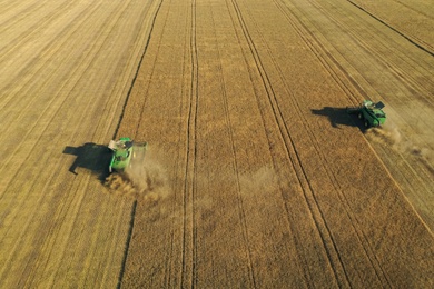 Beautiful aerial view of modern combine harvesters working in field on sunny day. Agriculture industry
