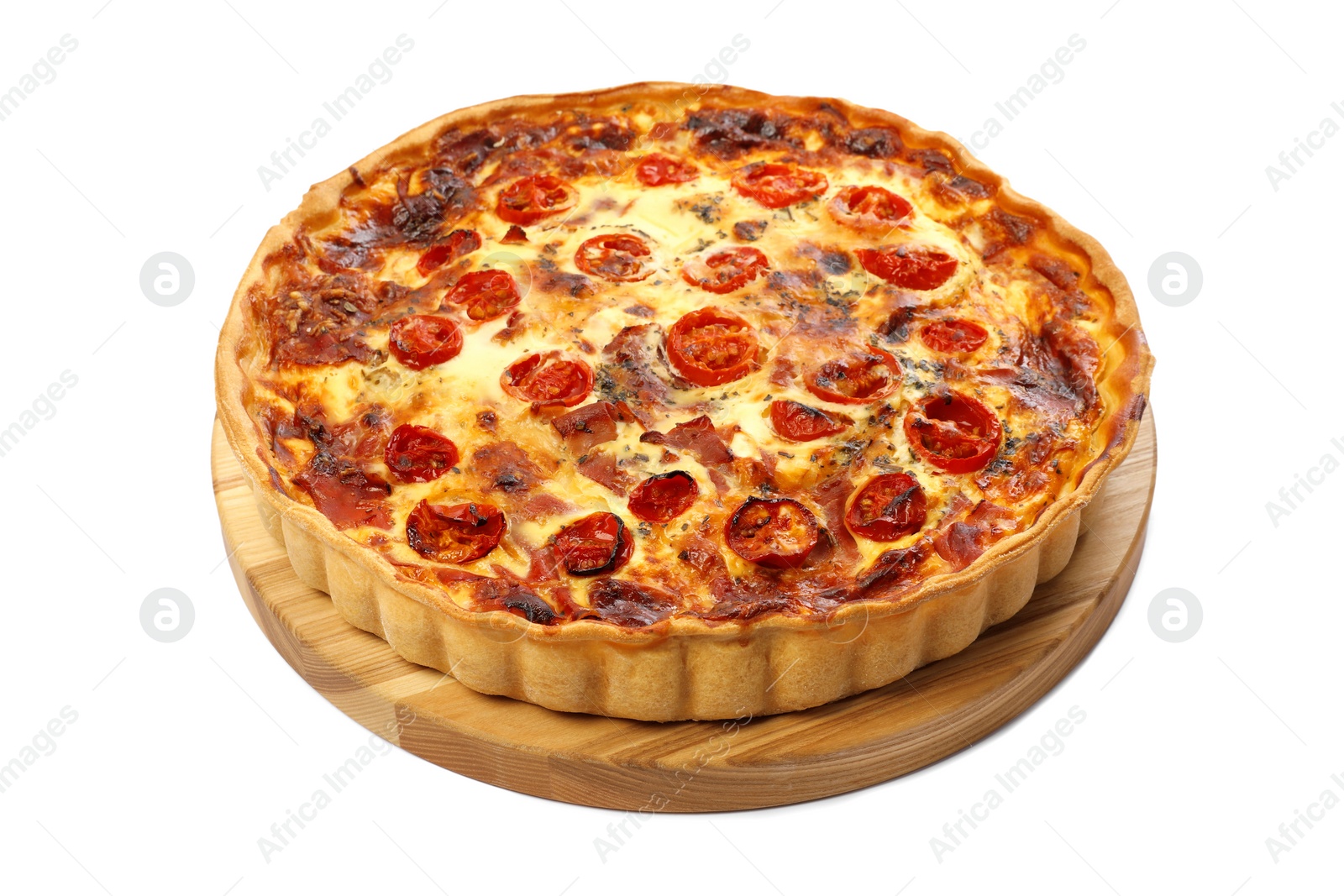 Photo of Delicious homemade quiche with prosciutto and tomatoes isolated on white