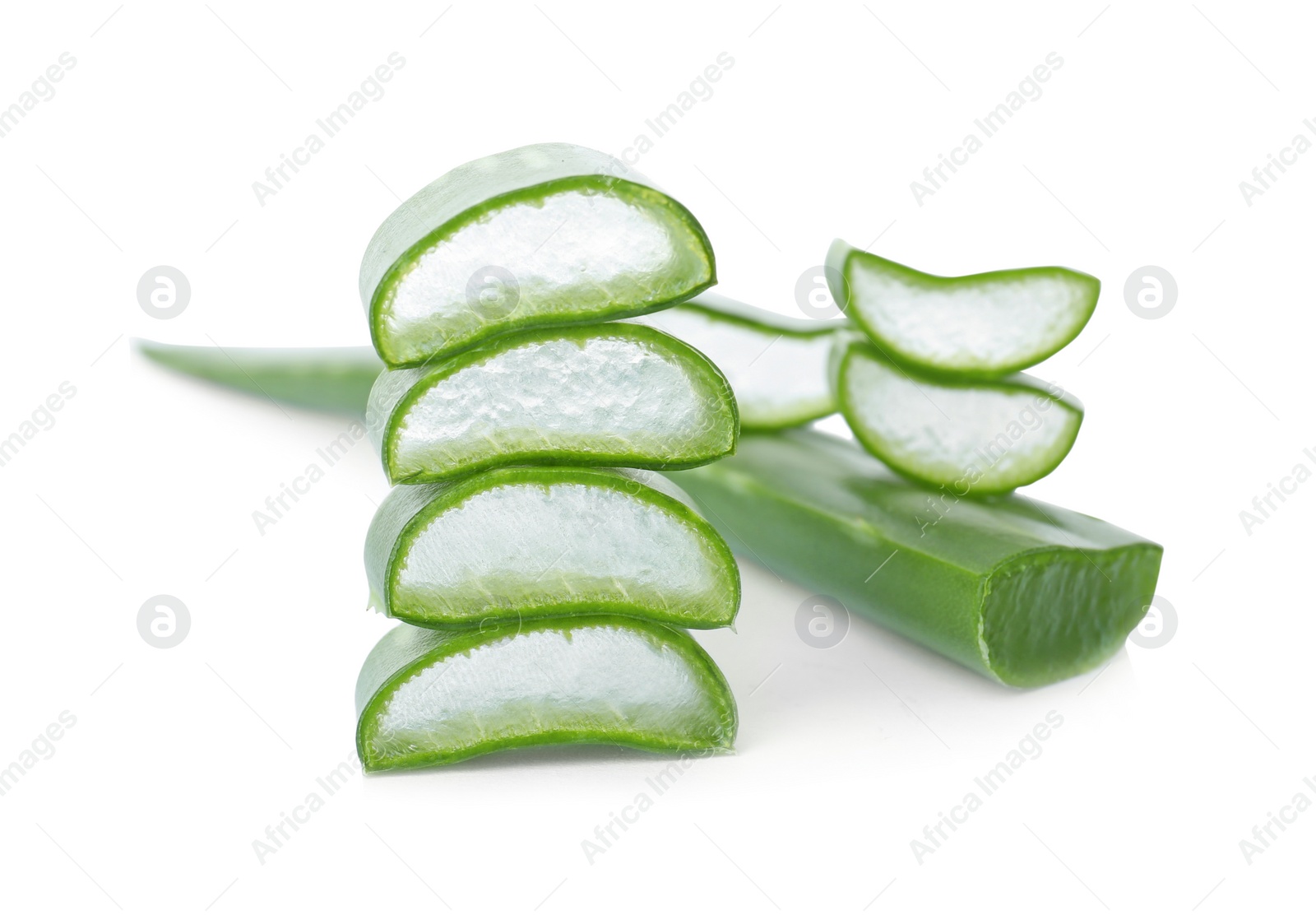 Photo of Fresh aloe vera leaf slices on white background