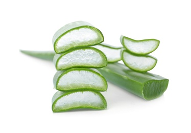 Photo of Fresh aloe vera leaf slices on white background