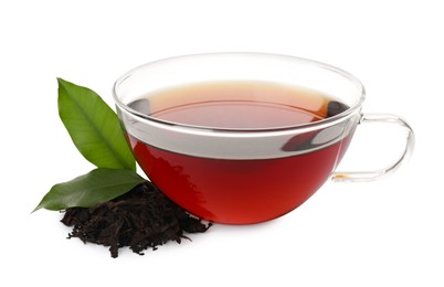 Photo of Traditional Chinese pu-erh tea, freshly brewed beverage and green leaves isolated on white