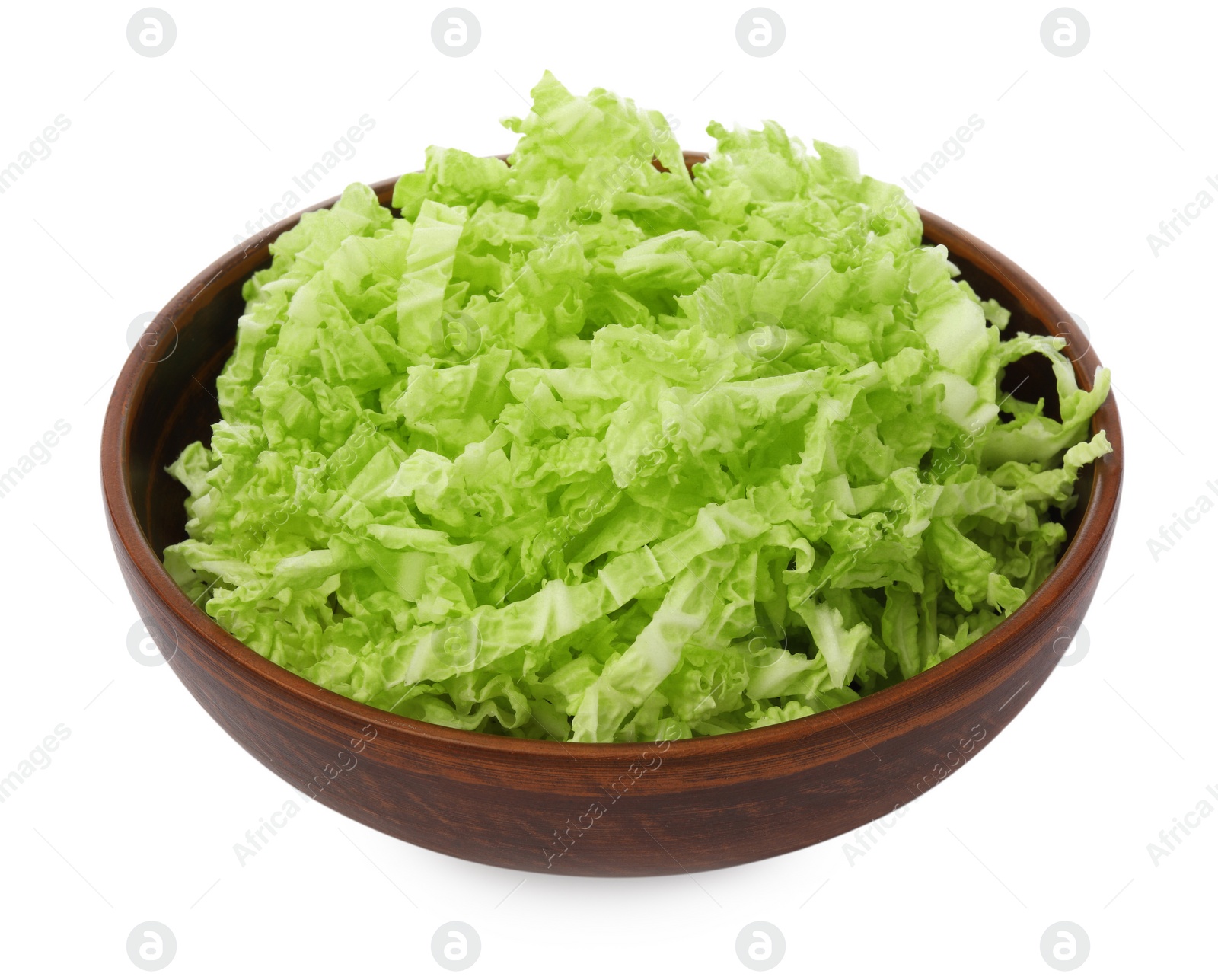 Photo of Pile of fresh ripe Chinese cabbage in bowl isolated on white