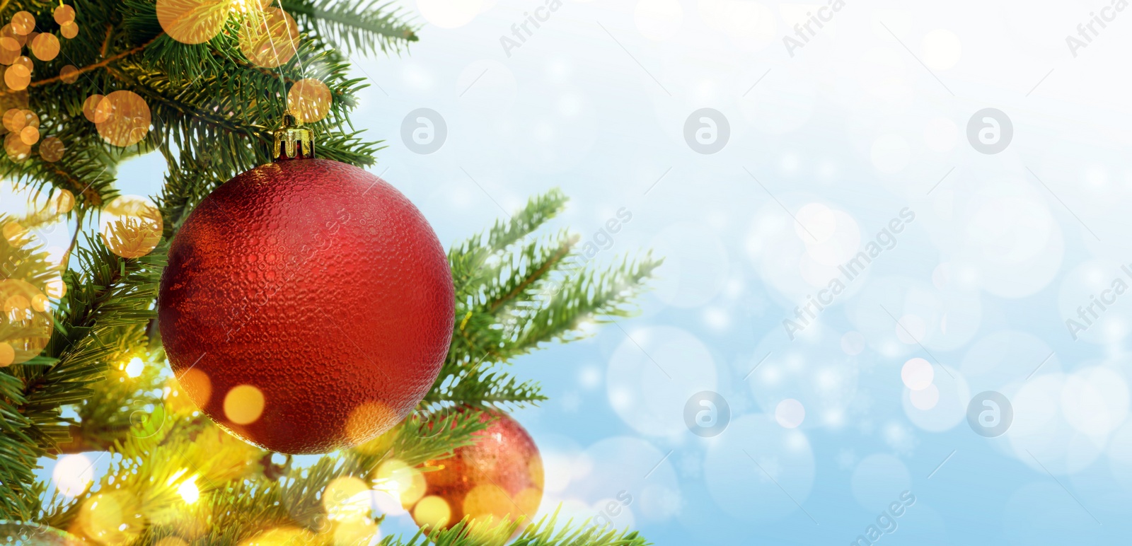 Image of Beautiful bauble hanging on Christmas tree against blurred lights, closeup view with space for text. Banner design