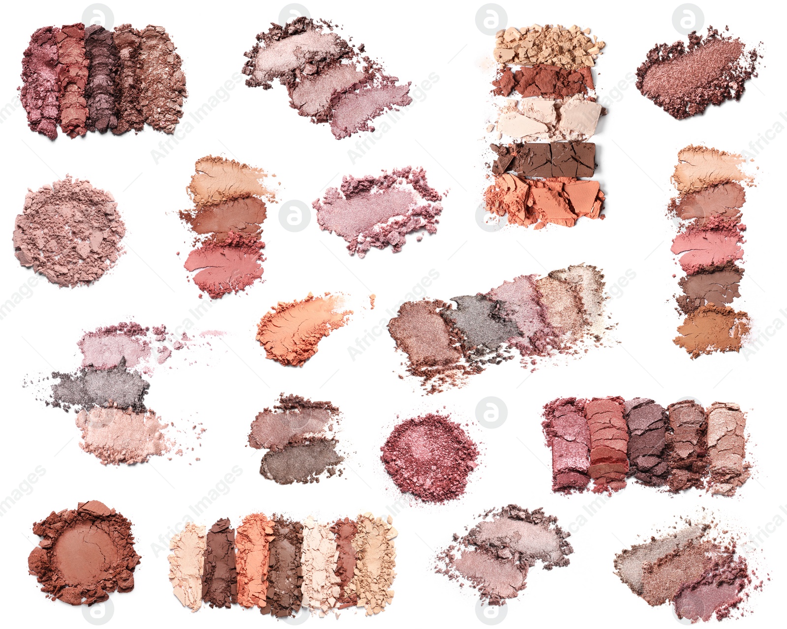 Image of Set of different crushed eye shadows on white background, top view. Nude palette