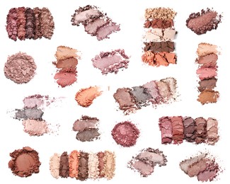 Set of different crushed eye shadows on white background, top view. Nude palette