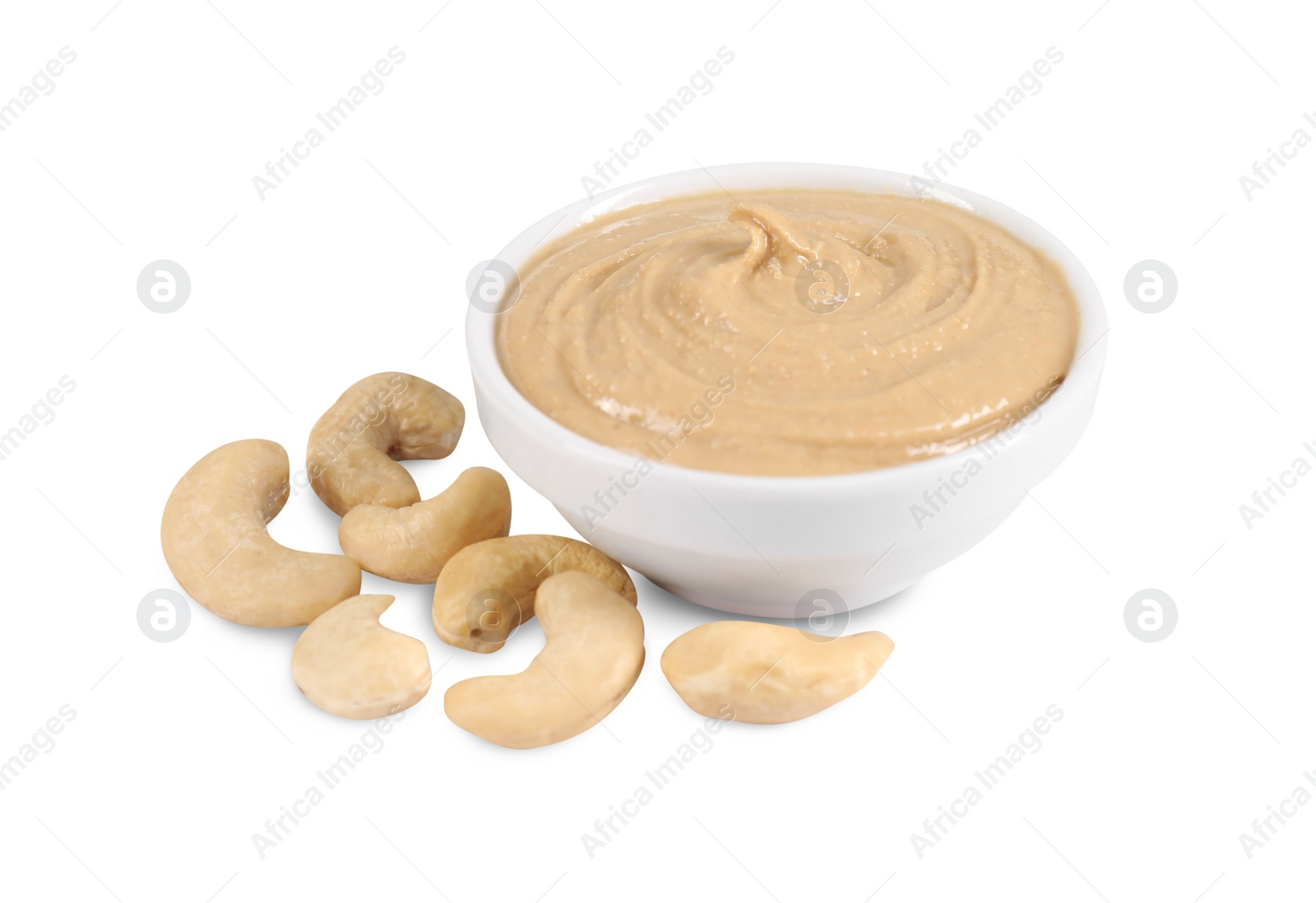 Photo of Delicious nut butter and cashews isolated on white