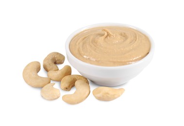 Photo of Delicious nut butter and cashews isolated on white